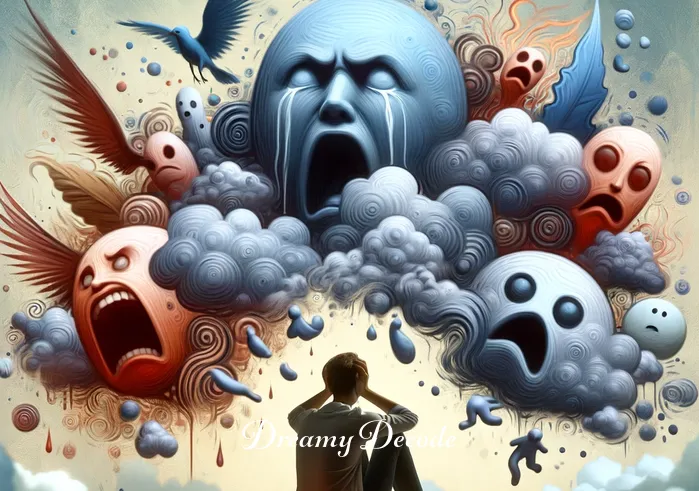crying and screaming in dream meaning _ The same person from the first image, now in a dream state, facing a large, abstract representation of their fears and worries. They appear overwhelmed and are depicted as crying out in frustration and helplessness.