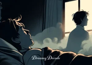 crying and screaming in dream meaning _ A final scene showing the person waking up from their dream, their expression is one of relief mixed with lingering sadness. The first light of dawn is visible through a window, suggesting a new beginning or a sense of hope after a troubling dream.