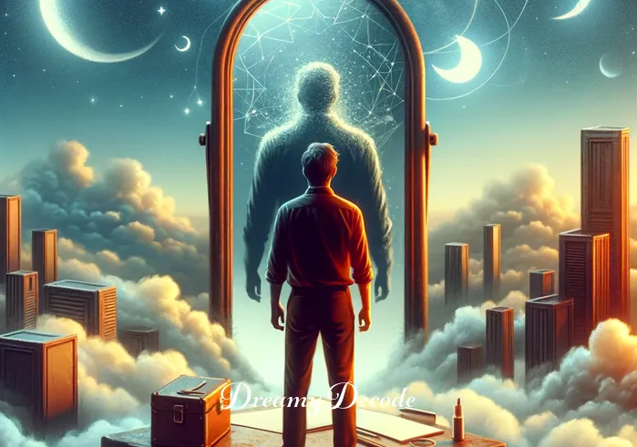 crying dream meaning _ Transition to the person standing up, facing a mirror with a reflective expression, signifying self-discovery and understanding in the context of the dream.