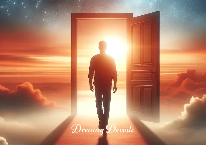 crying dream meaning _ Finally, the person steps outside into a sunrise, symbolizing a new beginning or a sense of peace and resolution after the emotional journey of the dream.