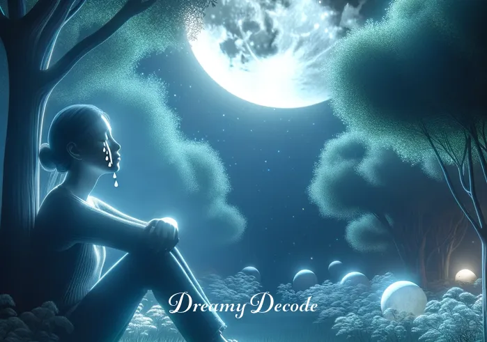 crying in a dream meaning _ A person sitting in a peaceful, moonlit garden, eyes closed and tears on their cheeks, symbolizing the beginning of a dream where they are experiencing deep emotional release. The garden is bathed in soft moonlight, creating a serene and introspective atmosphere.