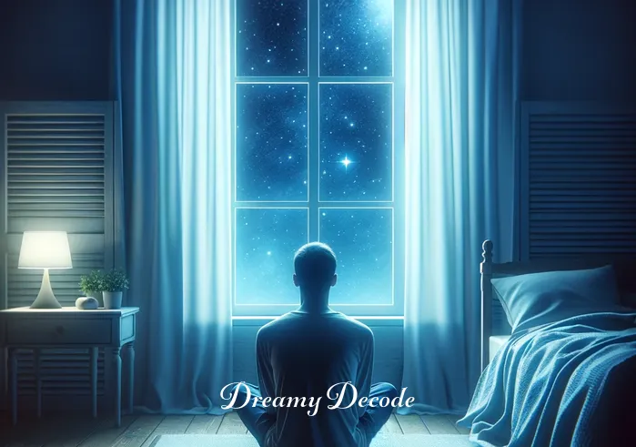 crying in dream meaning _ A person sits in a softly lit, tranquil bedroom, staring contemplatively out a window at a starry night sky, symbolizing introspection and the beginning of a dream journey.