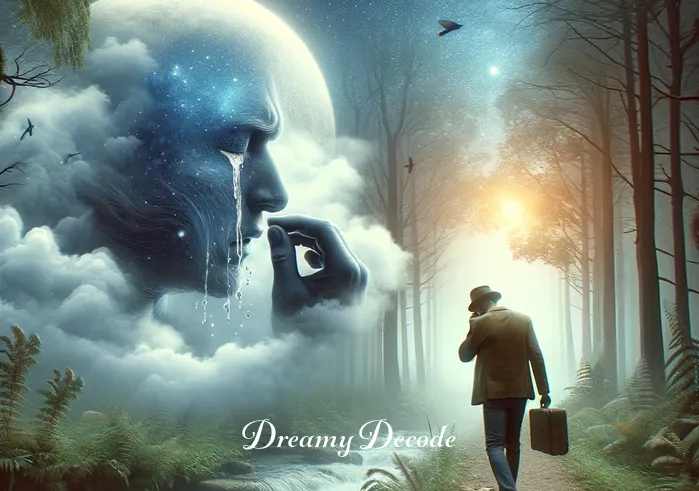 crying in dream meaning _ In the dream, the person is now walking through a misty forest, wiping away tears with a look of cathartic release, illustrating the emotional process of crying in a dream.