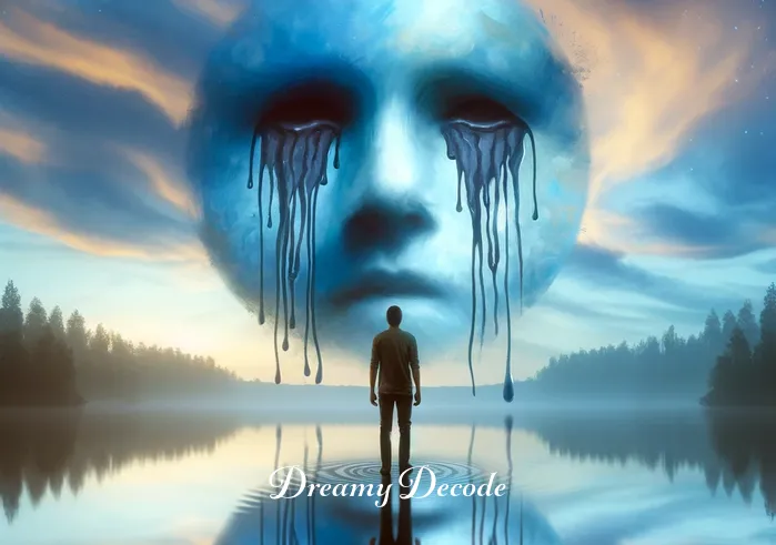 crying in dream meaning _ The same person, now in the dream, stands before a serene lake, reflecting their tear-streaked face, symbolizing self-discovery and understanding the meaning behind their tears.