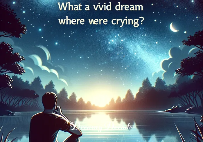crying in my dream meaning _ A dreamer sits by a serene lake under a starlit sky, reflecting on a vivid dream where they were crying. The dreamer appears contemplative and slightly puzzled, symbolizing the initial curiosity about the meaning of crying in dreams.