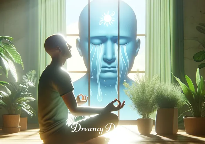 crying in my dream meaning _ The third image portrays the dreamer in a peaceful, meditative pose in a sunlit room filled with plants. A sense of enlightenment and understanding is evident on their face, symbolizing the realization of the emotional significance behind their crying dream.