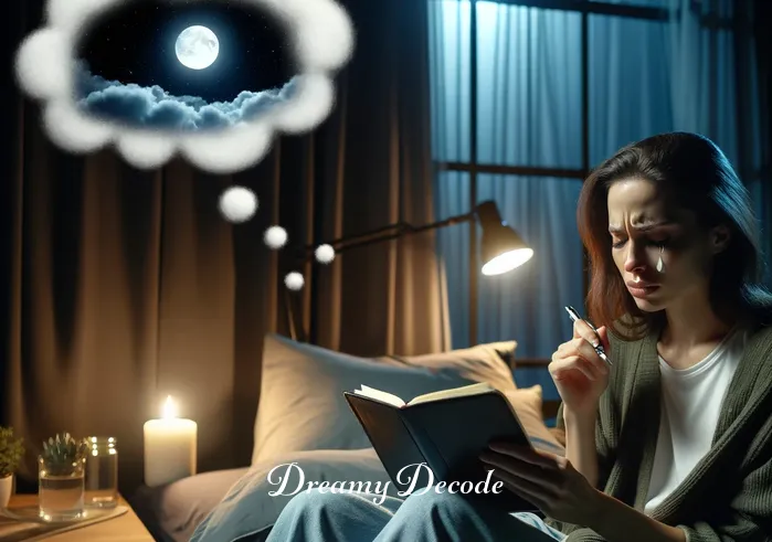 crying in your dream meaning _ A person sitting in a dimly lit, peaceful bedroom at night, holding a diary and pen, with a thoughtful expression on their face. They appear to be contemplating a recent dream where they experienced crying, symbolizing deep emotional processing or release.
