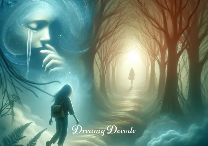 crying in your dream meaning _ A dream sequence illustrating a person walking through a misty, ethereal forest. The dreamer is seen wiping away tears, symbolizing the journey of confronting and understanding hidden emotions or unresolved issues in their subconscious.