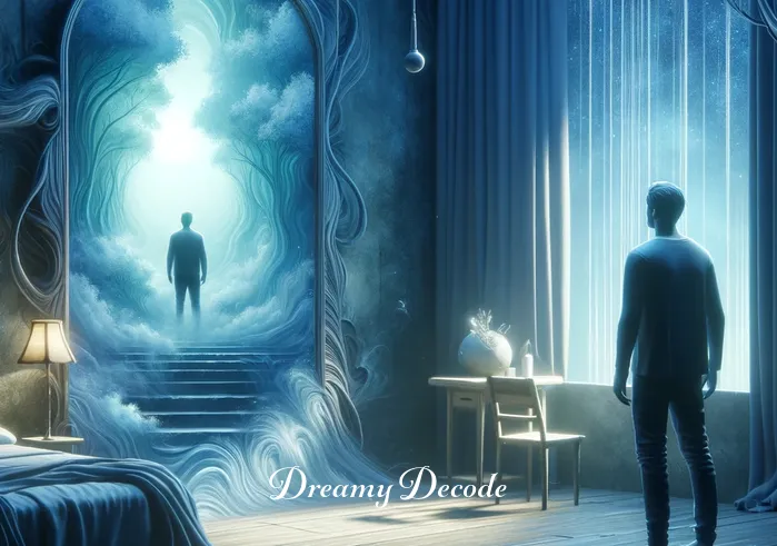 crying in your dream meaning _ A depiction of a dream where the person is standing in front of a mirror in a serene, surreal room, looking at their reflection while tears stream down their face. This represents the dreamer