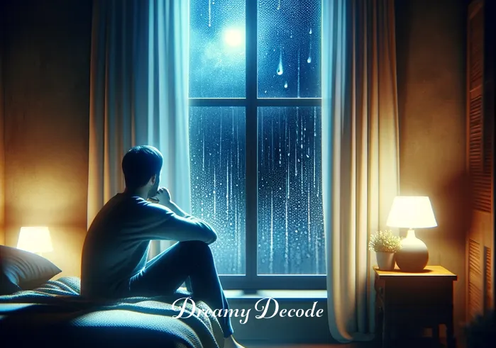 dream about crying meaning _ A person sitting in a dimly lit room, gazing thoughtfully at a window where raindrops are gently falling. The room is cozy, with soft lighting and a comforting ambiance, symbolizing introspection and the onset of a dream about emotions.