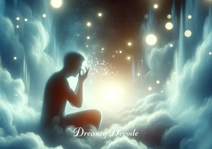 dream about crying meaning _ A dream sequence where the same person is seen in a surreal, misty landscape, surrounded by soft, glowing lights. They are gently wiping away tears, symbolizing emotional release and the cathartic nature of crying in dreams.