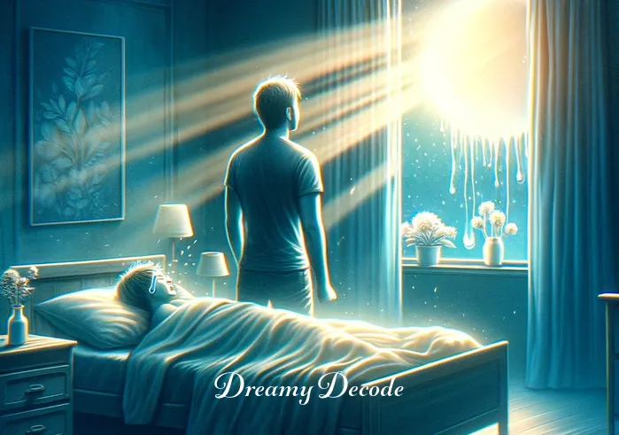 dream about crying meaning _ Finally, the person is depicted waking up in their room, with a sense of relief and understanding on their face. The room is now bathed in morning light, symbolizing a new perspective and emotional healing gained from the dream.