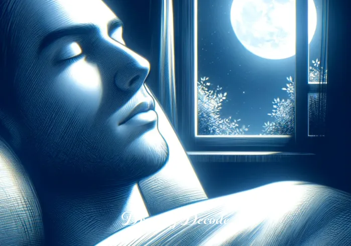 dream meaning crying _ The same individual now lying in bed, eyes closed, with a serene expression. The moonlight is casting a soft glow through the window, suggesting a peaceful night. The setting implies the person is in the midst of a dream, possibly revisiting the emotional dream experience.
