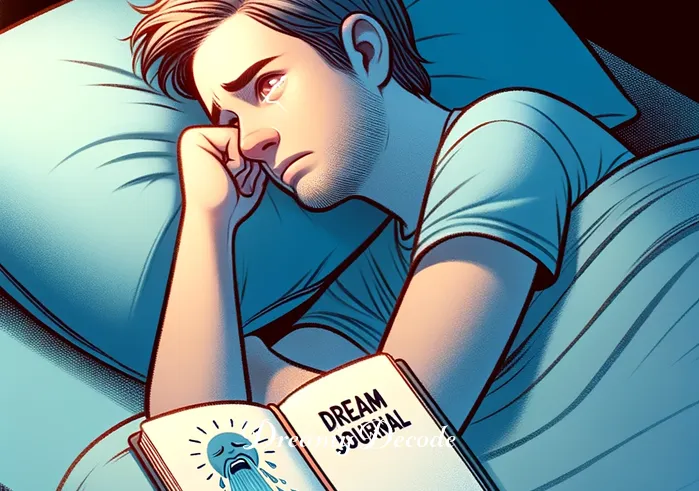 dream meaning crying _ The person wakes up from their dream, now in the morning light. They look relieved and contemplative, with the dream journal open beside them. The expression suggests a sense of understanding or closure gained from interpreting the crying in their dream.