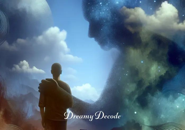 dream meaning of crying _ The same person now asleep, depicted in a dream-like, surreal environment, surrounded by soft, glowing orbs of light, expressing the emotional depth of the dream.