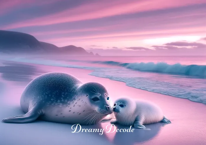 baby seal dream meaning _ A serene beach at twilight, with soft, pinkish hues in the sky. Gentle waves lap at the shore where a fluffy baby seal is seen nuzzling its mother, both appearing peaceful and content. The scene conveys a sense of maternal love and protection.