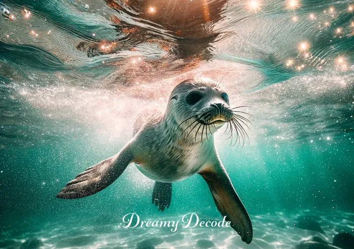 baby seal dream meaning _ In the next scene, the baby seal is playfully swimming in shallow, crystal-clear waters. Sunlight sparkles on the surface, creating a shimmering effect around the seal. There