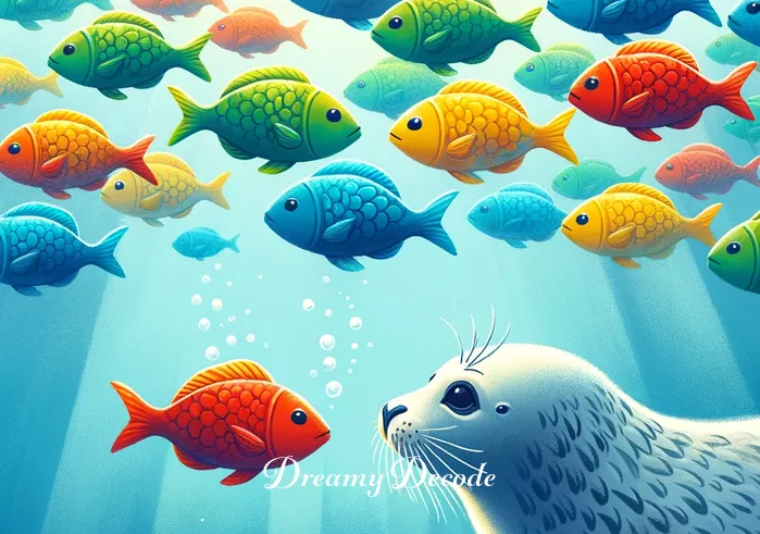baby seal dream meaning _ The third image depicts the baby seal encountering a group of colorful fish under the sea. The fish swim in a harmonious pattern, symbolizing guidance and discovery. The baby seal looks curious and engaged, reflecting a journey of learning and growth.