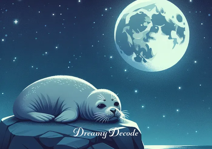 baby seal dream meaning _ In the final image, the baby seal is seen resting on a rock, under the moonlit sky. The stars are vivid and the moon casts a gentle glow over the seal, which appears to be sleeping peacefully. This scene symbolizes tranquility, fulfillment, and the end of a journey.