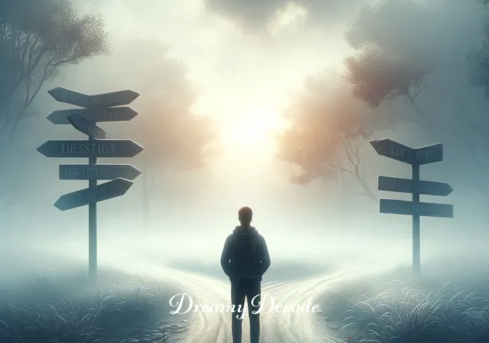 what is the meaning of seeing accident in a dream _ A person standing at a crossroads in a misty, ethereal landscape, gazing at various paths with signs indicating different life choices. The atmosphere is calm and introspective, symbolizing the decision-making process in one