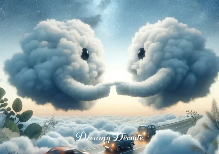 what is the meaning of seeing accident in a dream _ A serene dreamscape showing a gentle collision between two fluffy cloud-like cars in the sky, with drivers exchanging friendly gestures. This symbolizes a minor setback or misunderstanding in life, depicted in a non-threatening, dream-like manner.