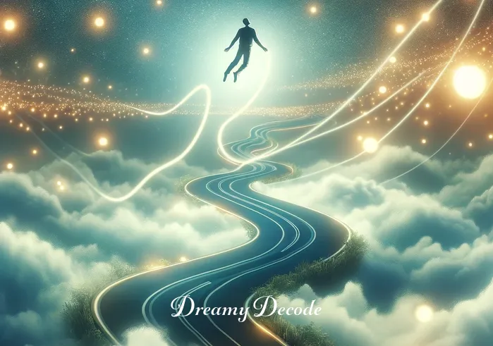 what is the meaning of seeing accident in a dream _ A surreal image of a person floating above a peacefully winding road in a dreamlike state, surrounded by soft, glowing lights. This represents overcoming obstacles and moving forward after setbacks, depicted in a serene and uplifting manner.