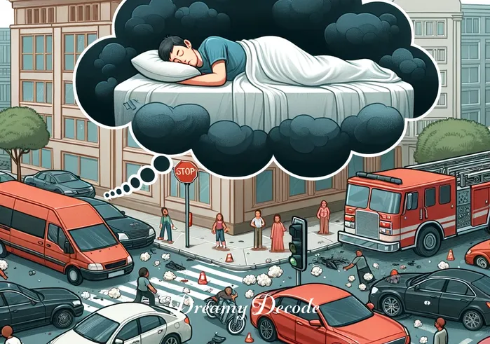 accident dream meaning _ A dream cloud above the sleeper visualizing a car accident at a busy intersection with vehicles and pedestrians.